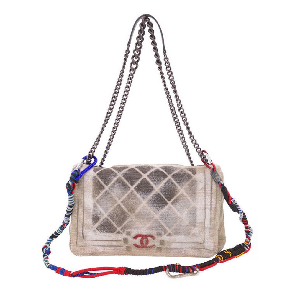 Chanel Graffiti Line Boy Shoulder Bag Beige Black